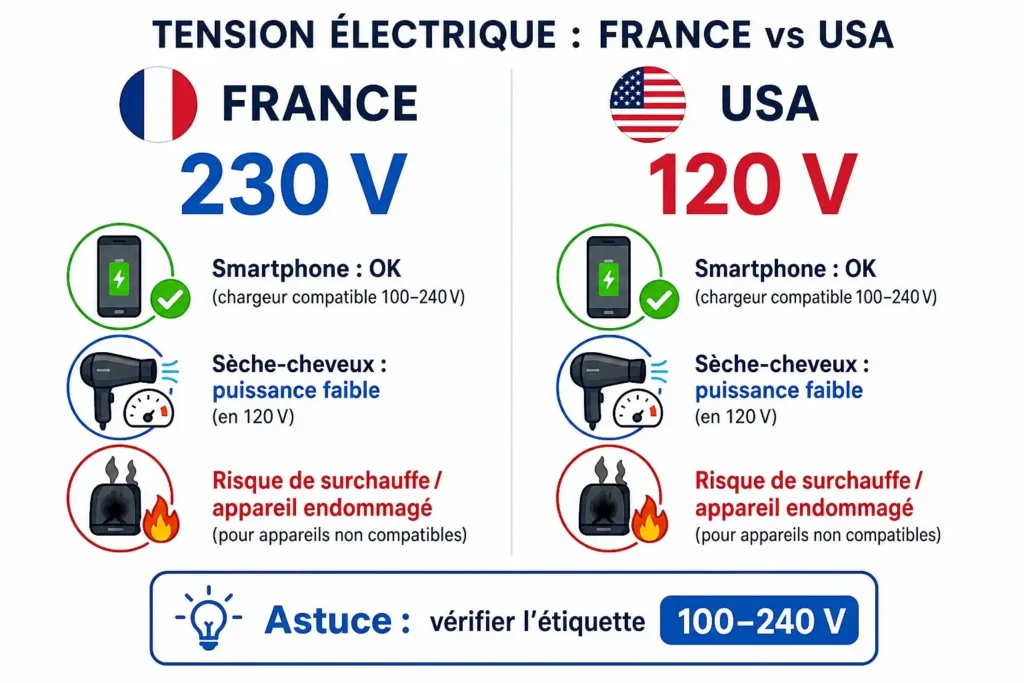 Schéma comparatif entre 230V en France et 120V aux États-Unis avec exemples d’appareils compatibles ou non