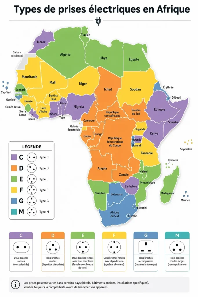 Carte de l’Afrique montrant les types de prises électriques par pays (C, D, E, F, G, M)