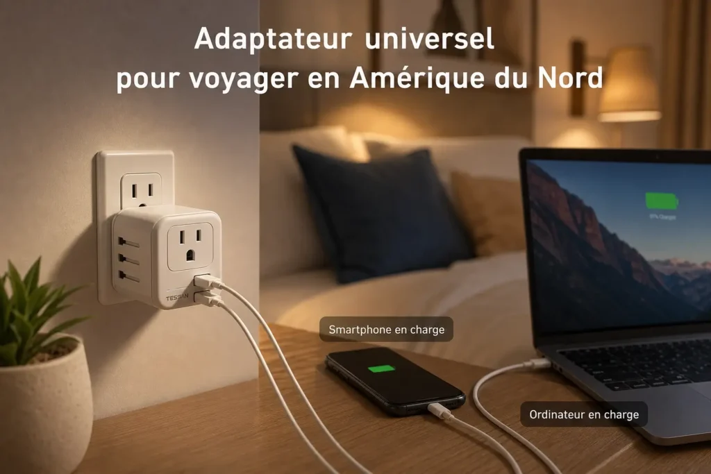 Adaptateur universel branché dans une prise américaine avec plusieurs appareils en charge dans une chambre d’hôtel