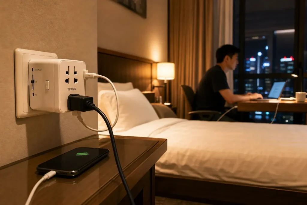 Voyageur utilisant un adaptateur universel pour brancher smartphone et ordinateur dans une prise asiatique