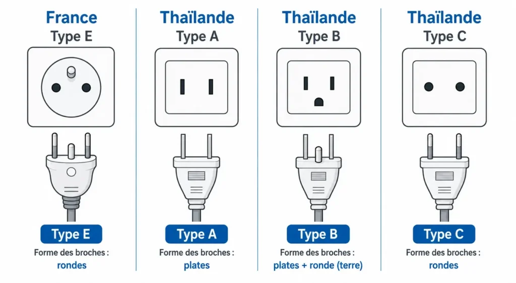 Comparaison entre prise française type E et prises thaïlandaises types A, B et C