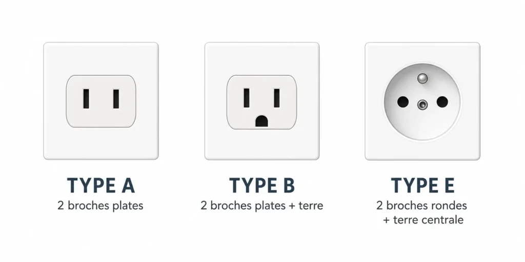 Comparaison visuelle des prises électriques type A, B et E avec leurs formes et broches distinctes