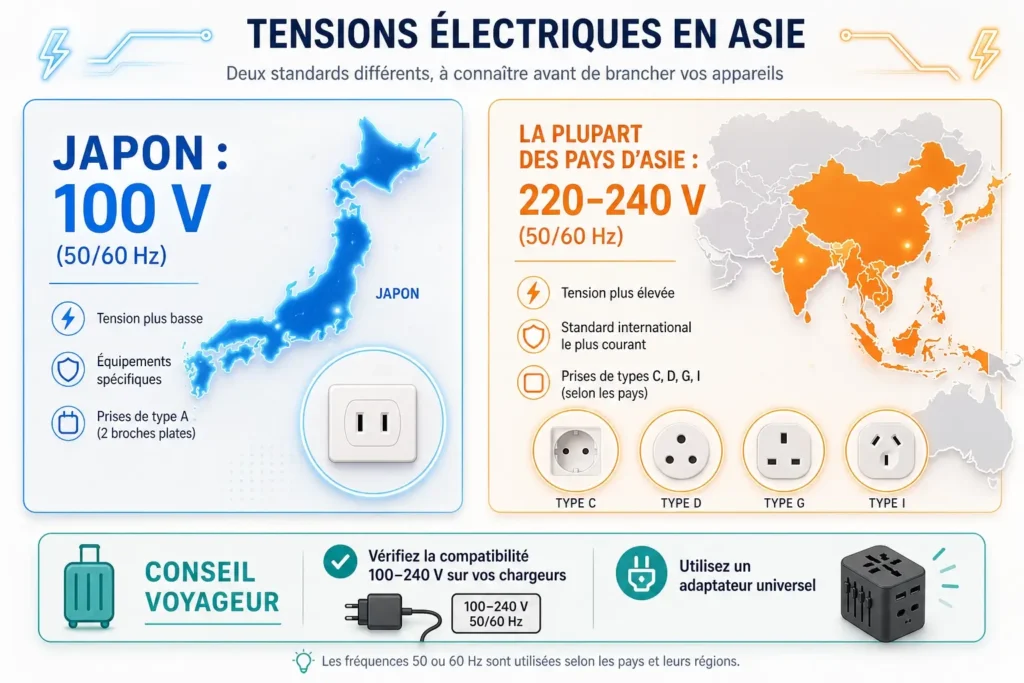 Illustration des différences de voltage en Asie avec Japon à 100V comparé aux pays en 220-240V