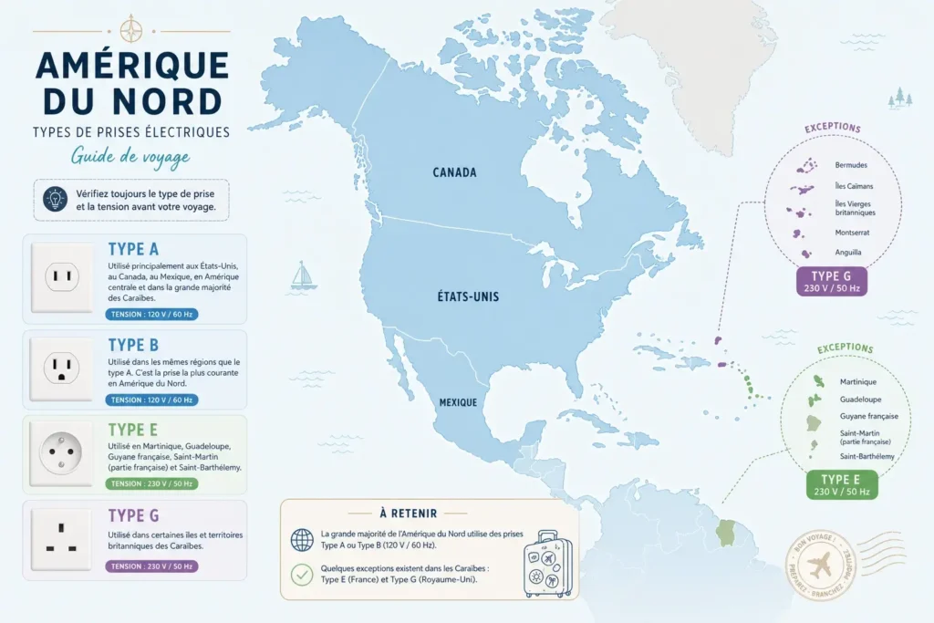 Carte des types de prises en Amérique du Nord montrant la dominance des prises A et B et les exceptions comme les Antilles françaises en type E et certaines îles en type G