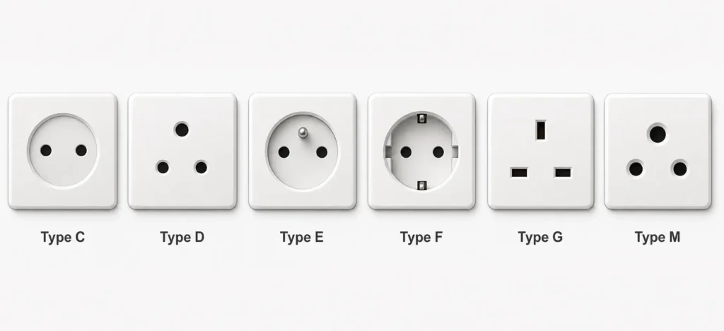 Illustration des prises électriques types C, D, E, F, G et M utilisées en Afrique
