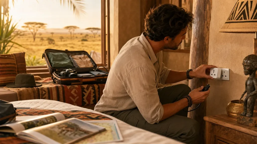 Voyageur utilisant un adaptateur universel dans une prise électrique en Afrique