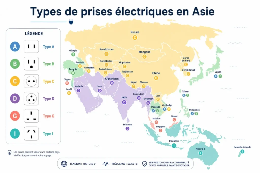 Carte de l’Asie illustrant les types de prises électriques par pays (A, B, C, D, G, I) avec code couleur et icônes