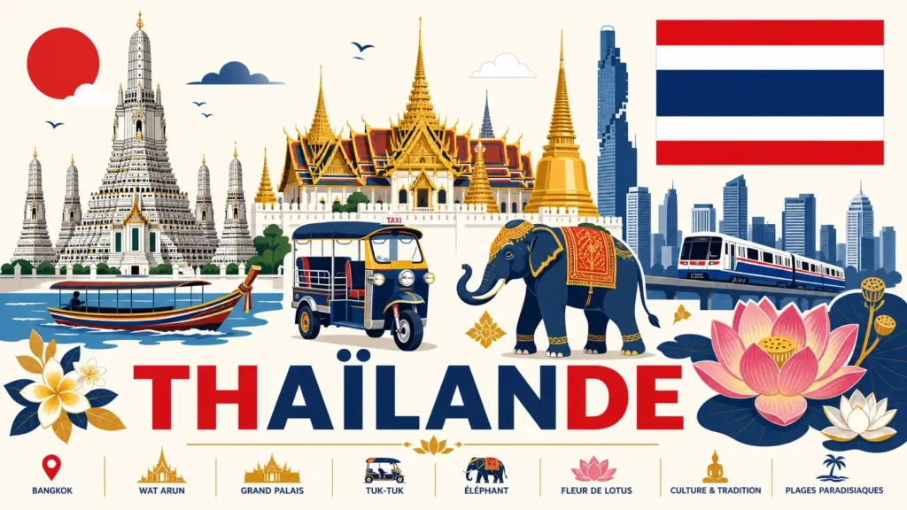 Illustration de la Thaïlande avec monuments emblématiques, Bangkok et drapeau thaïlandais