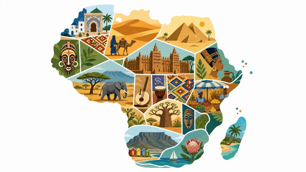 Illustration en format paysage représentant l’Afrique sous forme de patchwork avec des monuments célèbres, paysages et éléments culturels africains variés, dans un style coloré et artistique