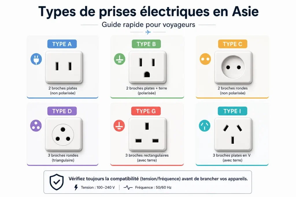 Infographie montrant les différents types de prises électriques en Asie (A, B, C, D, G, I) avec leurs formes et caractéristiques