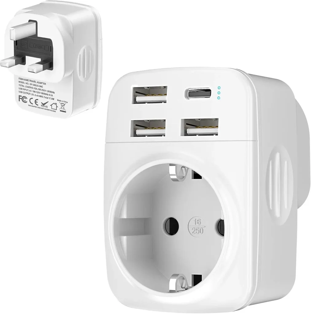 Hoppac 5 en 1 Adaptateur Prise Anglaise avec 3 USB-A et 1 USB-C, Type G