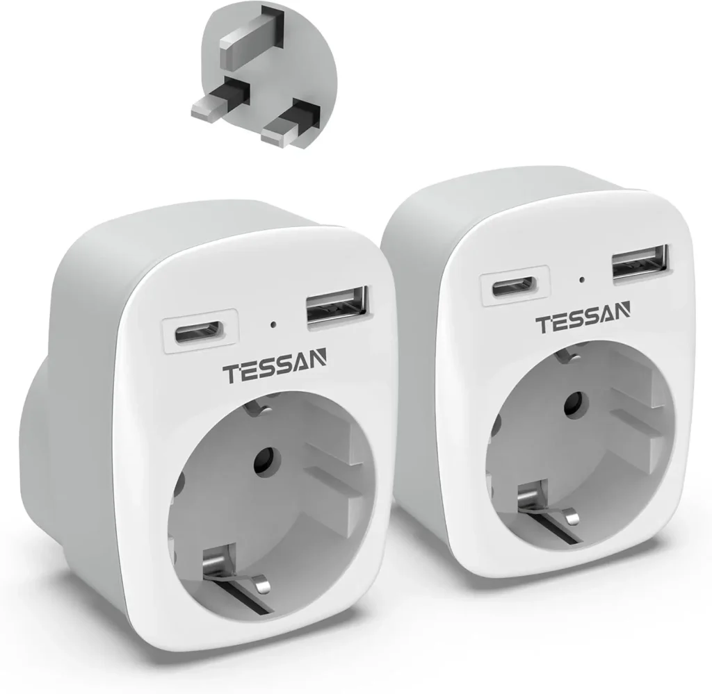 TESSAN Lot de 2 Adaptateur Prise Anglaise, 3 en 1 avec USB-C et USB-A, 3250W